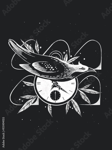 Surreal black and white linework illustration of a cuckoo on a clock. The cuckoo indicates the time of life