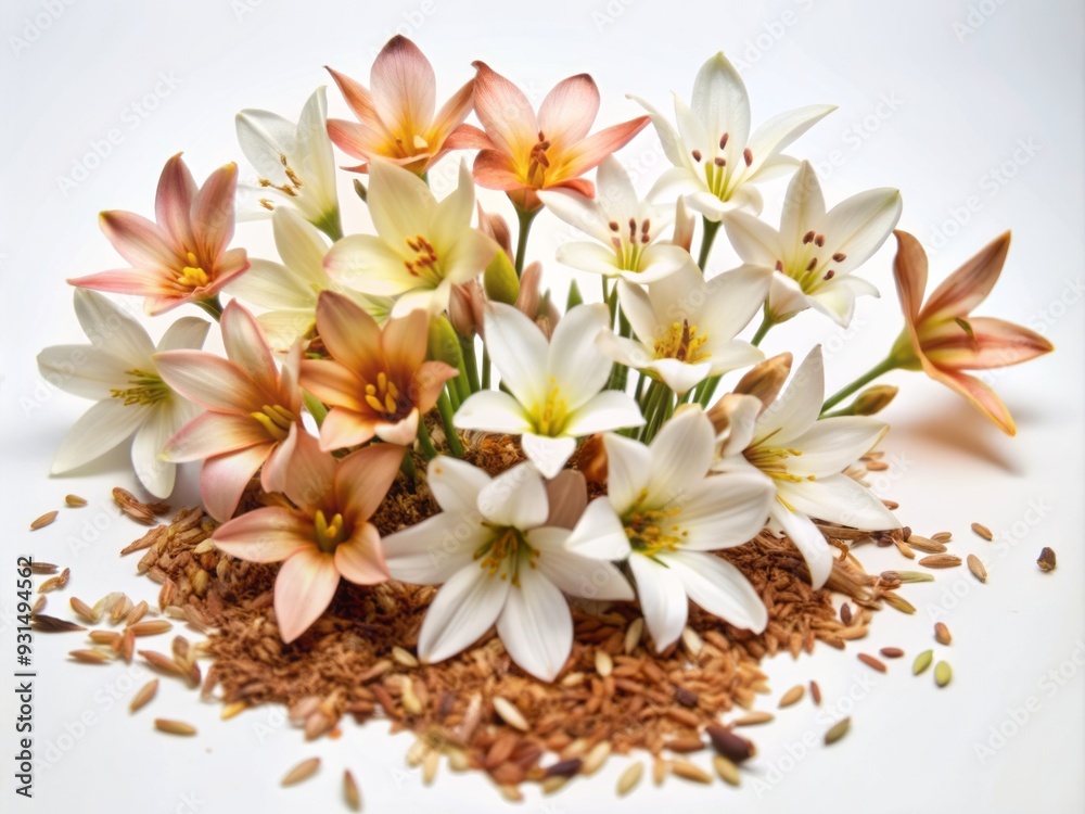 Vibrant small head Zephyranthes minuta blooms in various colors, dispersing seeds and cracking open heads, creating a beautiful, eye-catching display on a clean, white background. Vibrant small head Zephyranthes minuta blooms in various colors, dispersing seeds and cracking open heads, creating a beautiful, eye-catching display on a clean, white background.