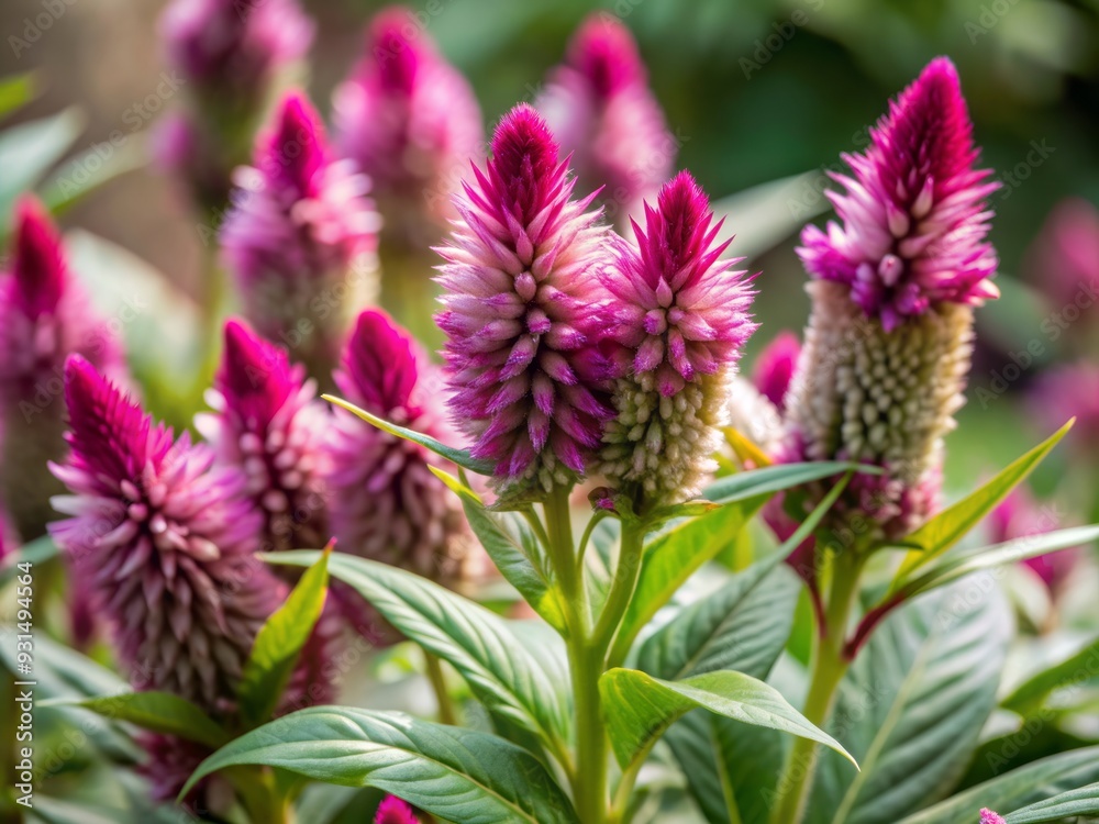 Vibrant purple and green Jewer Kotok Celosia cristata flowers bloom in the garden, their unique feathered plumes swaying gently in the soft sunlight. Vibrant purple and green Jewer Kotok Celosia cristata flowers bloom in the garden, their unique feathered plumes swaying gently in the soft sunlight.