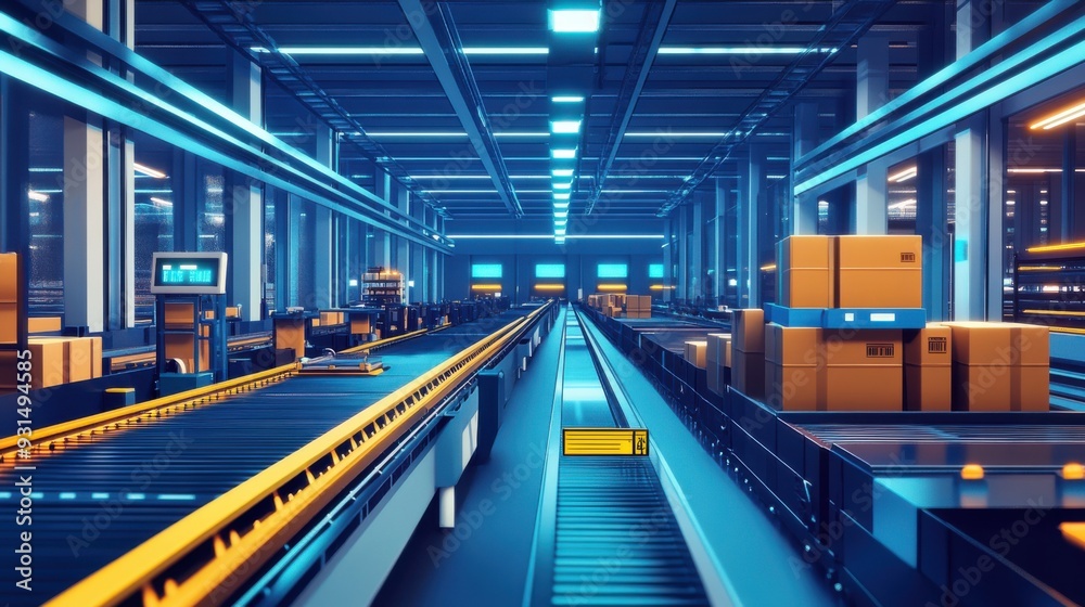 High-Tech Warehouse with Digital Tracking Overlays High-Tech Warehouse with Digital Tracking Overlays