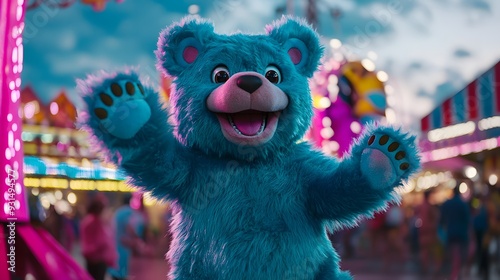 Cheer bear, turquoise fur, jubilant jump, carnival scene in the background, Nikon Z6 with 50mm lens, evening lighting, festive style, colorful lights, exuberant mood photo