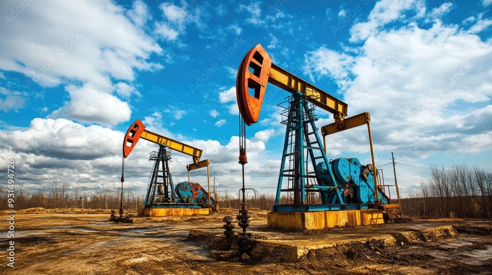 Oil field with active pumps and a blue sky, representing the intersection of energy markets, extraction, and economy. Oil field with active pumps and a blue sky, representing the intersection of energy markets, extraction, and economy.