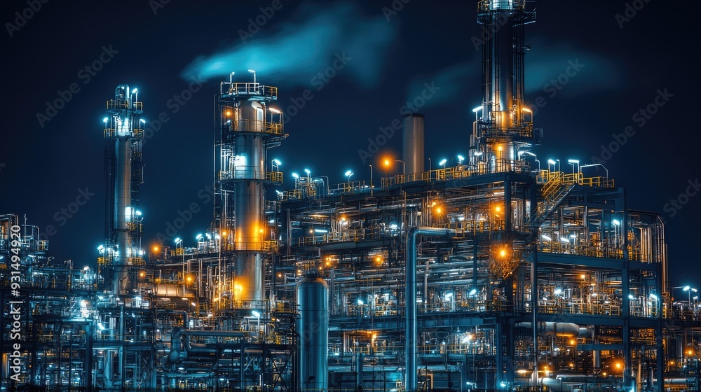 Oil refinery at night, a complex maze of lights and metal pipes against a dark sky, with industrial power illuminated Oil refinery at night, a complex maze of lights and metal pipes against a dark sky, with industrial power illuminated