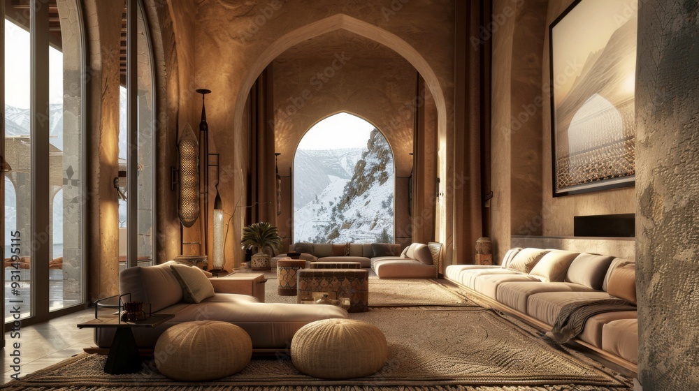 Obraz premium A modern Islamic-inspired living room with high arches, stunning mountain views, and luxurious decor, ideal for upscale interior design projects. 