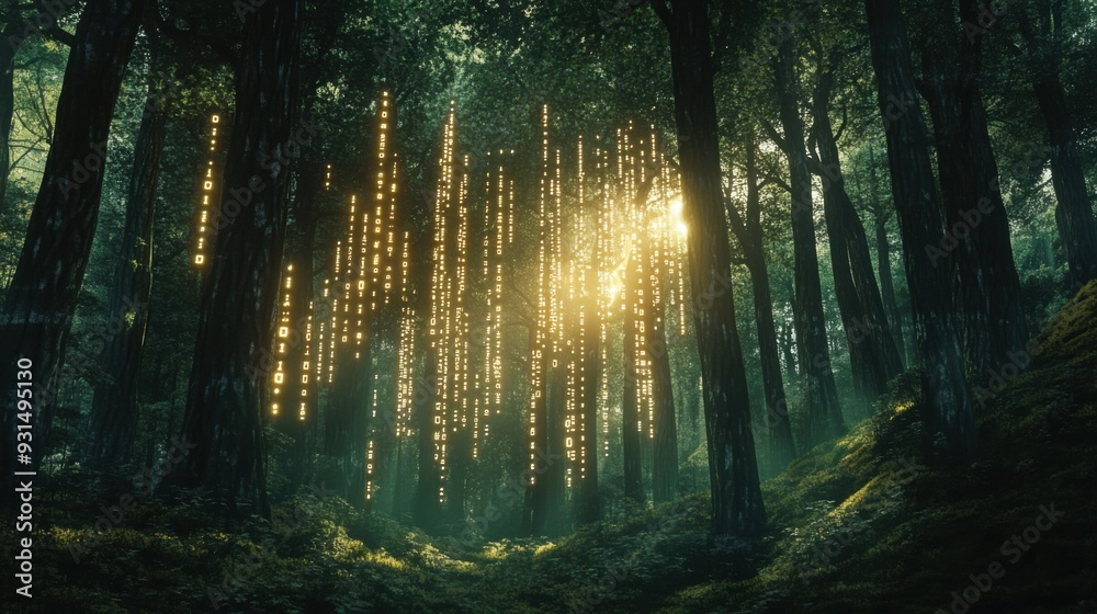 Obraz premium Forest with Glowing Binary Code