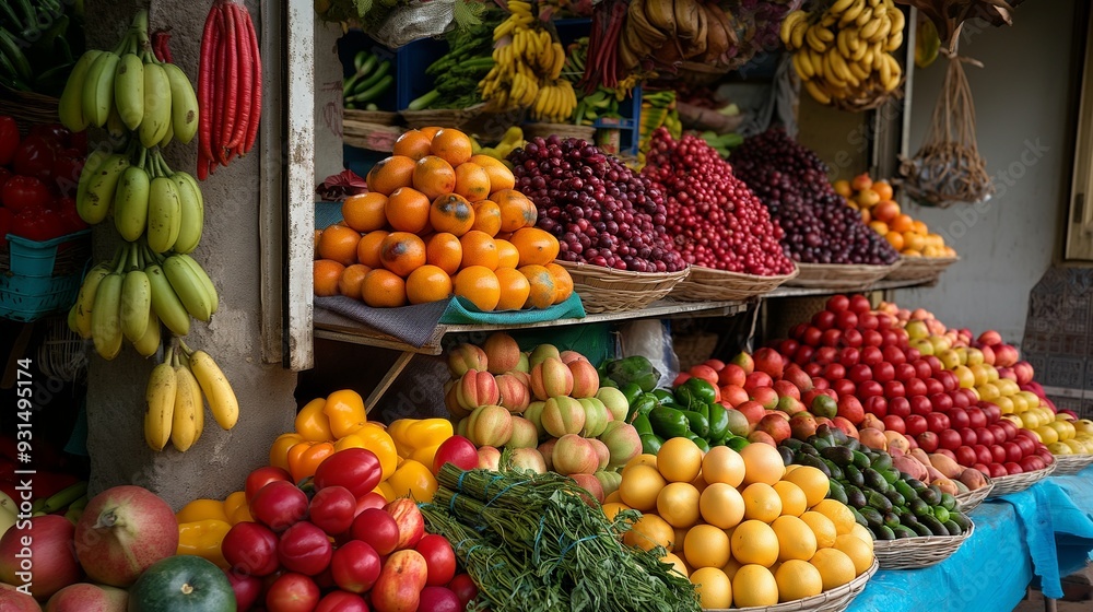 pile of colorful fruits and vegetables arranged in a market pile of colorful fruits and vegetables arranged in a market
