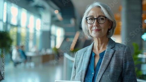 Mature busy happy businesswoman bank manager older female corporate executive holding digital tablet standing at work Middle aged professional business woman using tab computer in offi : Generative AI