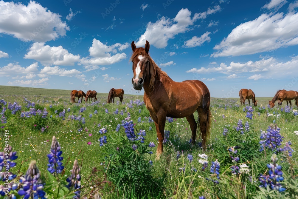Brown furred American horse standing in a valley, spring season,, greenery and aesthetic view Brown furred American horse standing in a valley, spring season,, greenery and aesthetic view
