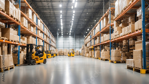 Retail warehouse full of shelves with goods in cartons for logistics and distribution