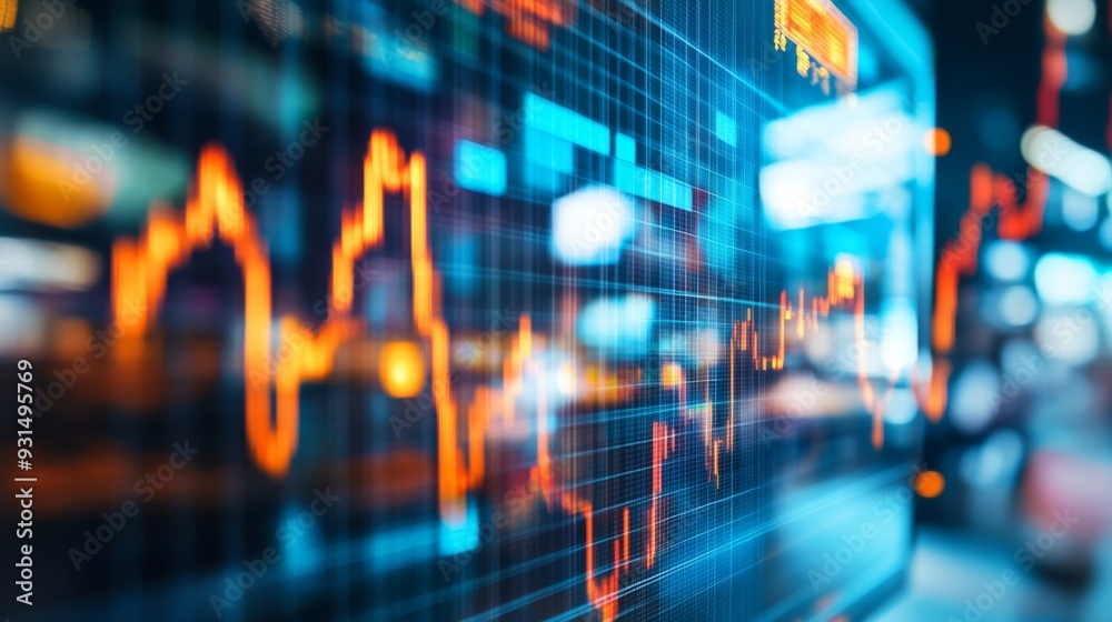 Close-up of a financial graph with a focus on positive growth trends and key performance indicators, set against a backdrop of a bustling business environment Close-up of a financial graph with a focus on positive growth trends and key performance indicators, set against a backdrop of a bustling business environment