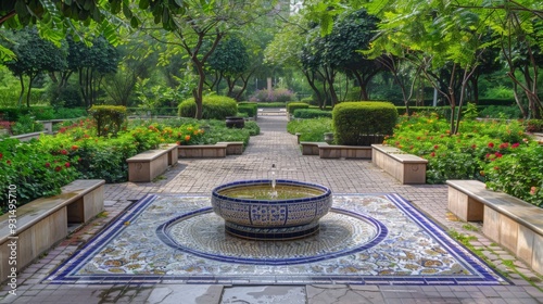 A bright Islamic garden with a central tiled fountain, symmetrical pathways, and vibrant plants, perfect for landscape design and garden-themed decor use.
