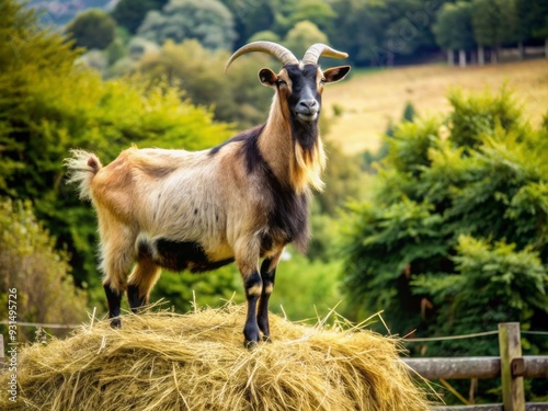 A majestic bearded goat stands atop a hay bale, surveying the serene farm landscape with inquisitive eyes, surrounded by lush greenery and rustic wooden fences. photo