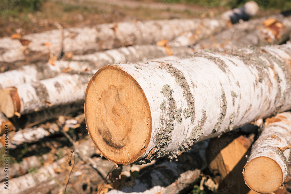 Birch wood stacked. Sawmill. Firewood preparation Birch wood stacked. Sawmill. Firewood preparation