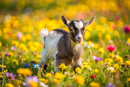 Adorable little Nigerian pygmy goat baby frolics in a vibrant field of colorful flowers, offering a serene and peaceful atmosphere with ample copy space.