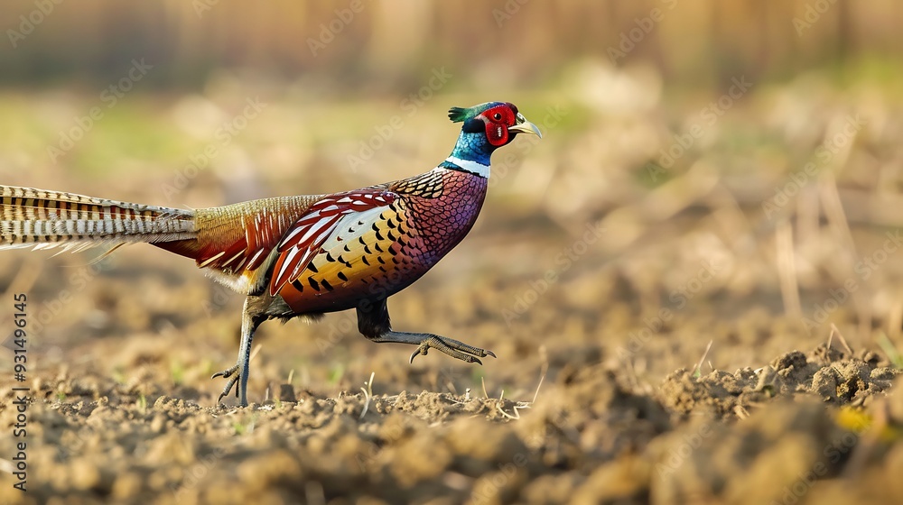 Fototapeta premium Pheasant strutting through a field its colorful plumage vibrant in the sunlight