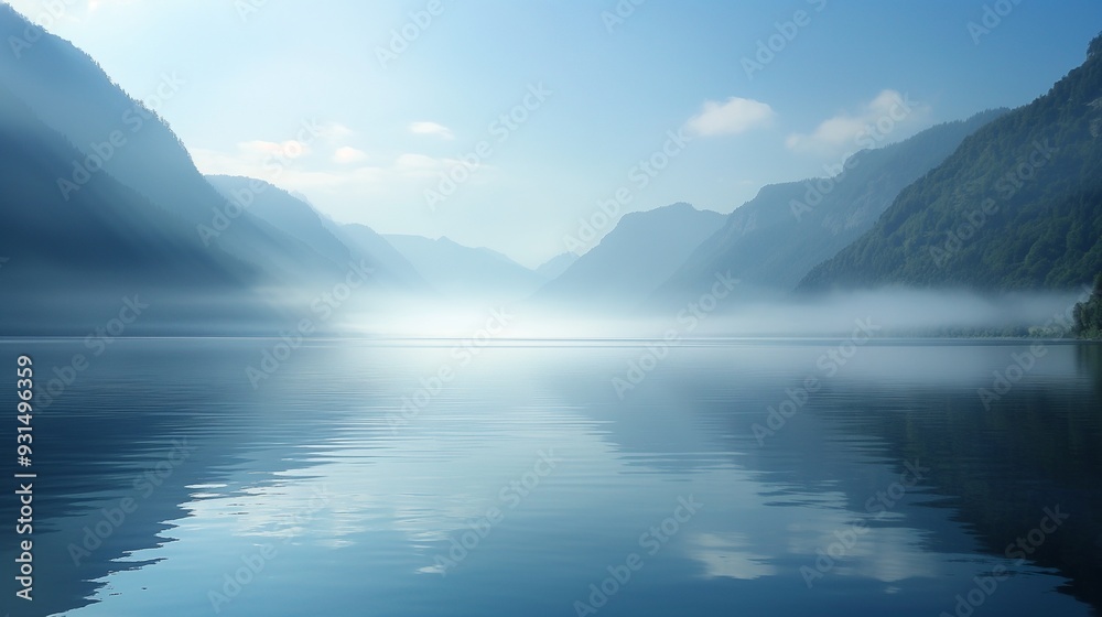 serene lake surrounded by mountains with mist serene lake surrounded by mountains with mist