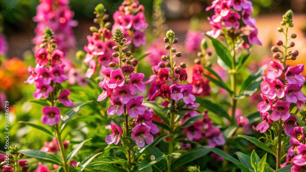 Vibrant pink spikes of angelonia flowers bloom amidst lush green foliage, adding a pop of color to a serene summer garden landscape. Vibrant pink spikes of angelonia flowers bloom amidst lush green foliage, adding a pop of color to a serene summer garden landscape.