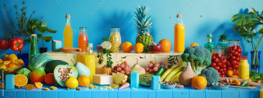 Naklejka premium Variety of Fresh Fruits and Juices on a Vibrant Blue Background