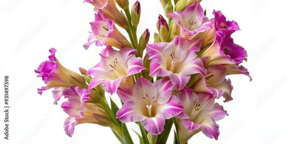 Vibrant pink gladiolus flower with trumpet-shaped blooms and sword-shaped leaves stands upright on a pure white background, showcasing its elegant and statuesque beauty. Vibrant pink gladiolus flower with trumpet-shaped blooms and sword-shaped leaves stands upright on a pure white background, showcasing its elegant and statuesque beauty.