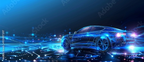 Wireframe of futuristic car concept with blue background. Stock photograph