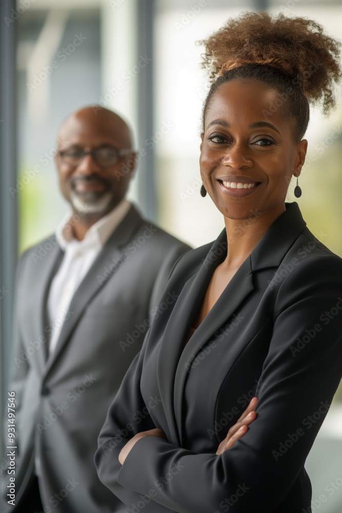 Two cheerful colleagues in suits, smiling confidently during a successful business meeting in a corporate office setting. Two cheerful colleagues in suits, smiling confidently during a successful business meeting in a corporate office setting.