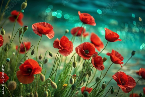 Vibrant red poppies sway gently in the wind, their delicate petals and stems dancing across a soft, watery background, evoking feelings of resilience and renewal.