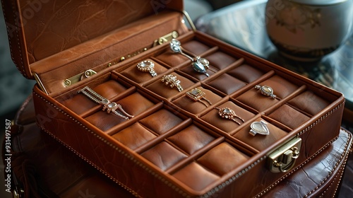 Top view of Open brown leather jewelry box Golden jewelry in brown leather accessories box : Generative AI