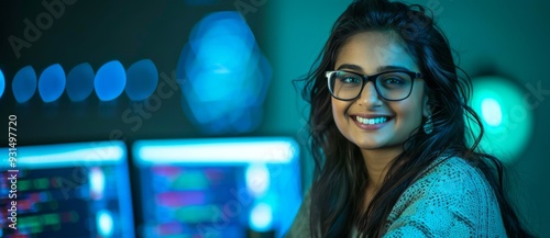 The image shows a young Indian female IT developer working on a laptop in the office.