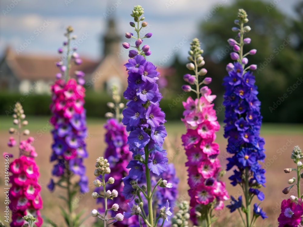 Vibrant purple delphinium flowers sway gently in the summer breeze, filling a lush green field with a kaleidoscope of colors in Wick, Pershore, Worcestershire. Vibrant purple delphinium flowers sway gently in the summer breeze, filling a lush green field with a kaleidoscope of colors in Wick, Pershore, Worcestershire.
