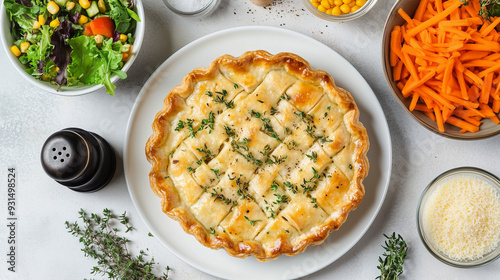 Wallpaper Mural top-down view of an elegant quiche, surrounded by ingredients like carrots and corn on the side, placed against a clean white background. Torontodigital.ca