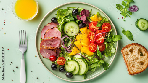 top view of mixed salad on green background