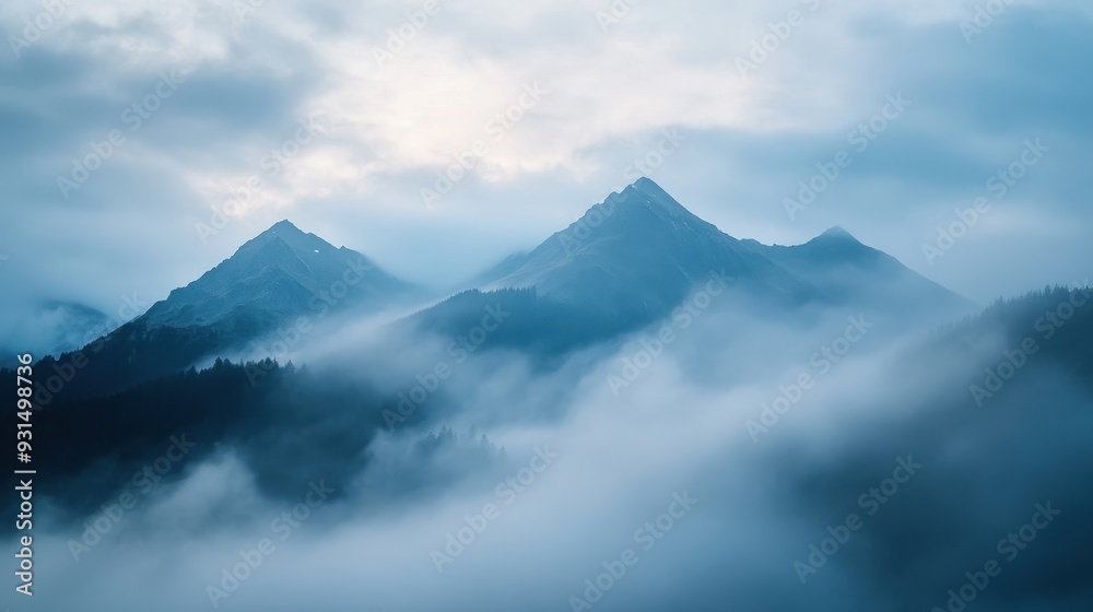 Serene mountain landscape shrouded in mist, creating a tranquil atmosphere. Serene mountain landscape shrouded in mist, creating a tranquil atmosphere.