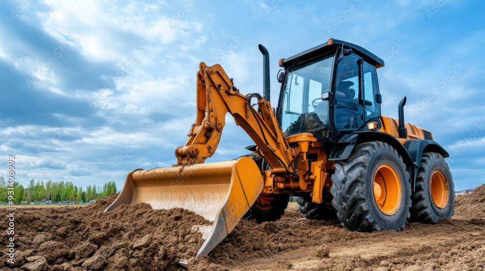 A yellow excavator is actively moving earth on a construction site, showcasing its power and efficiency against a cloudy sky. A yellow excavator is actively moving earth on a construction site, showcasing its power and efficiency against a cloudy sky.