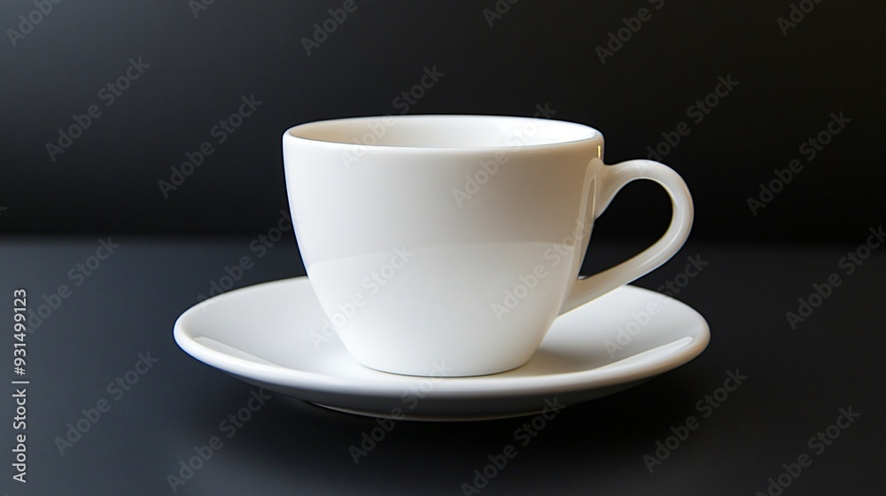 Plain White Coffee Cup with Saucer on Clean Black Table Plain White Coffee Cup with Saucer on Clean Black Table