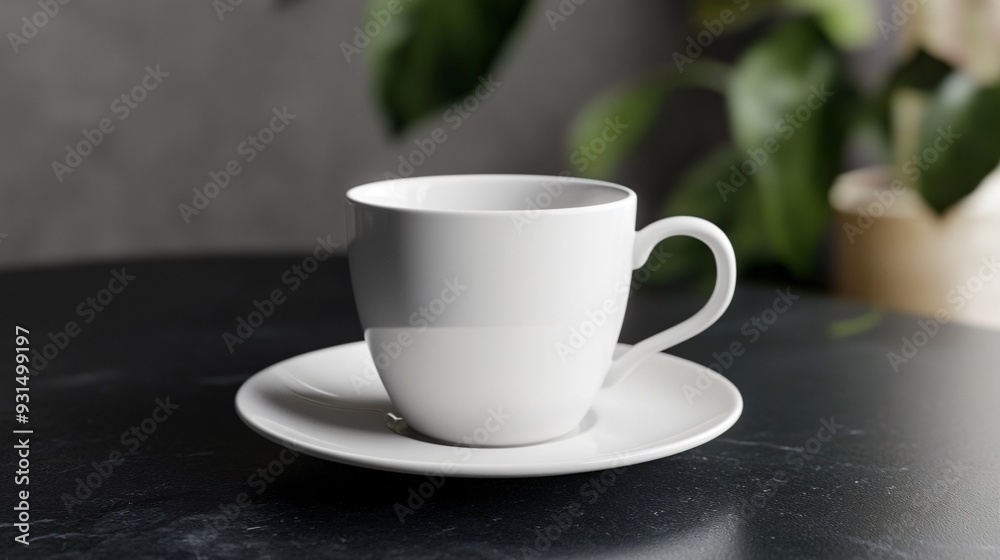 Plain White Coffee Cup with Saucer on Clean Black Table Plain White Coffee Cup with Saucer on Clean Black Table
