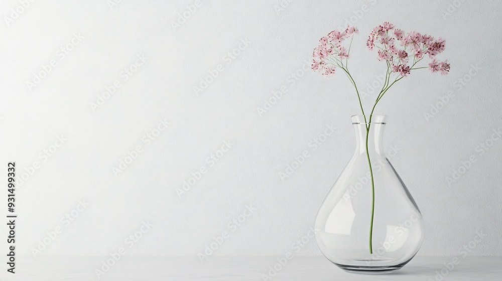 Single Clear Glass Vase with Flower Stem Against Plain White Wall Single Clear Glass Vase with Flower Stem Against Plain White Wall