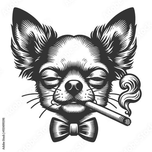 sophisticated chihuahua dog, bow tie and smoking cigarette, featuring a calm and confident expression sketch engraving generative ai vector illustration. Scratch board imitation. Black and white image