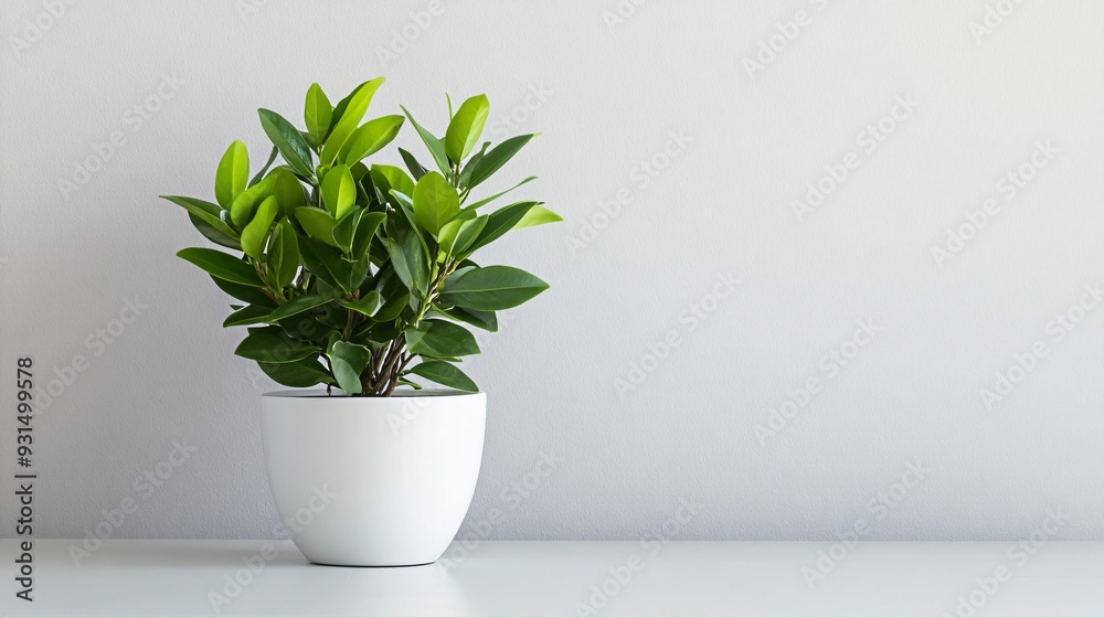 Fototapeta premium Single Green Potted Plant in White Pot on White Desk