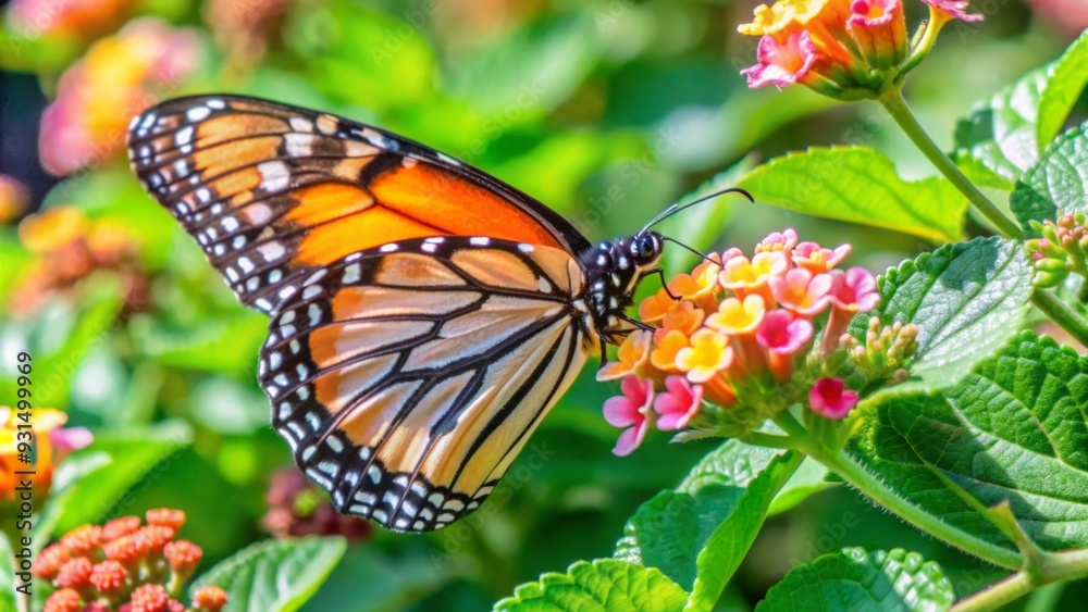 Vibrant monarch butterfly with delicate orange and black wings sips nectar from a blooming lantana flower on a warm, sunny day surrounded by lush greenery. Vibrant monarch butterfly with delicate orange and black wings sips nectar from a blooming lantana flower on a warm, sunny day surrounded by lush greenery.