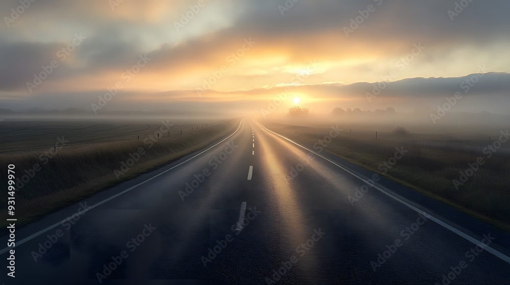 Fototapeta premium A mist-covered highway with low-lying clouds, dramatic lighting from the setting sun, ethereal and haunting atmosphere, rule of thirds dividing the scene into foreground and background