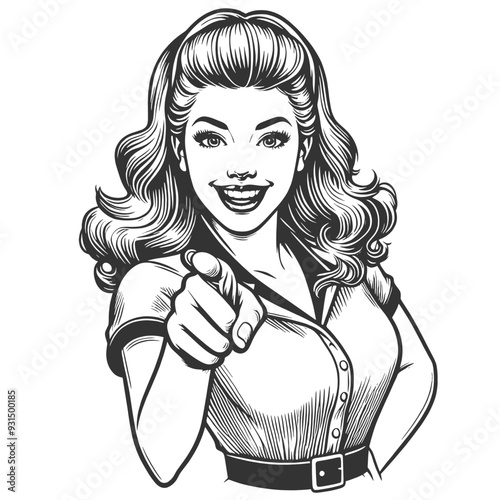 cheerful woman with curled hair smiling and pointing her finger directly at the viewer in playful manner sketch engraving generative ai fictional character vector illustration. Black and white image