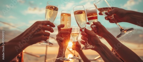 Several happy rich people drink champagne on a yacht at a summer's day party.
