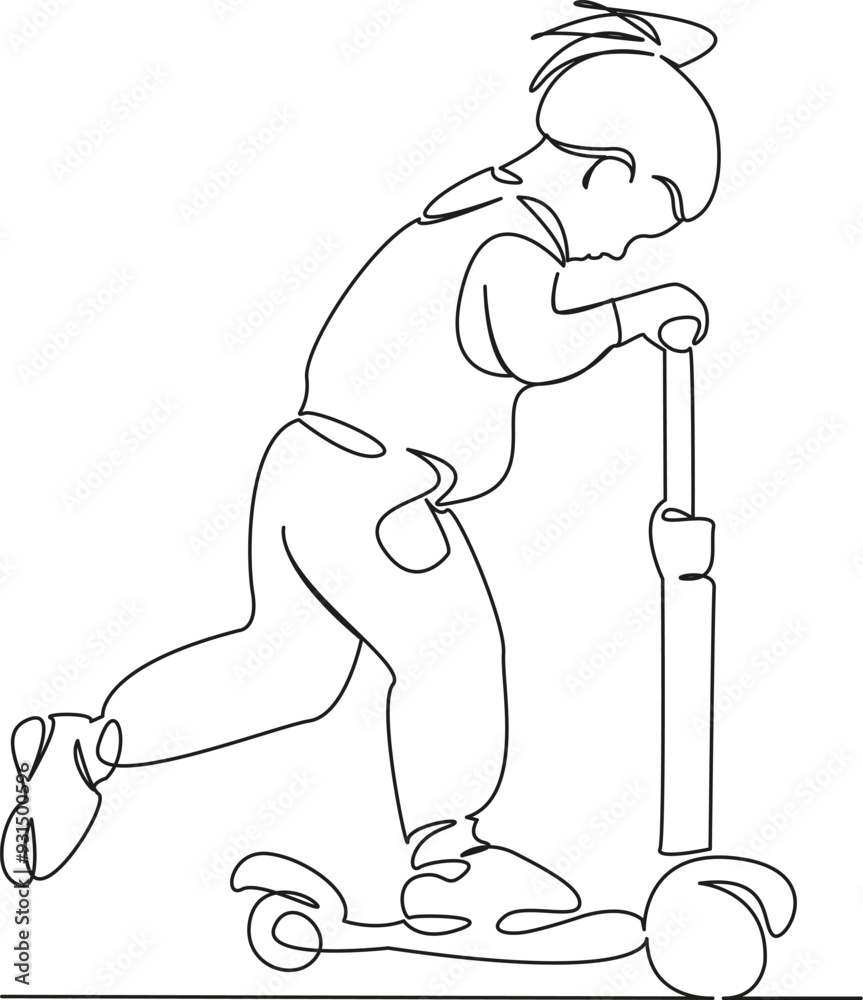 Obraz premium One continuous single drawing line art flat doodle child, person, fun, riding, childhood, girl, smiling, lifestyle, photography, cheerful. Isolated image hand draw contour on a white background 
