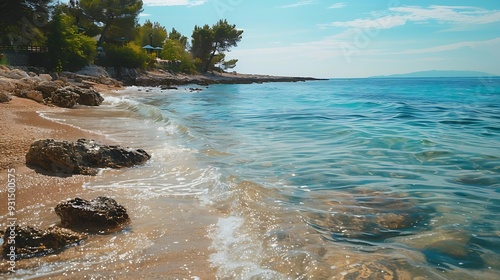 Nature landscape view of beautiful tropical beach and sea in sunny day Beach sea space areabeautiful sandy beach in the city of Umag Croatia : Generative AI photo