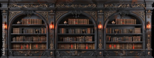 An old library room with a wall full of ancient books and manuscripts.