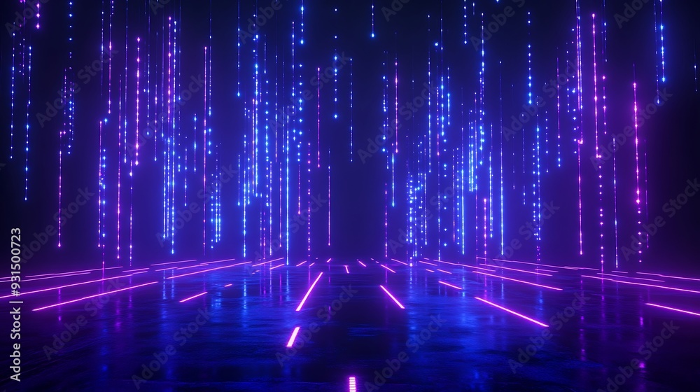 A futuristic digital landscape with vibrant neon lights in blue and purple hues, showcasing a cyberpunk atmosphere on a dark background. A futuristic digital landscape with vibrant neon lights in blue and purple hues, showcasing a cyberpunk atmosphere on a dark background.