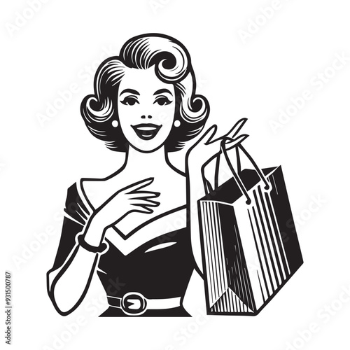 Vintage Retro Woman Face Clipart, Retro Housewife Silhouette,  WomanI could give up shopping  illustration in black and white
