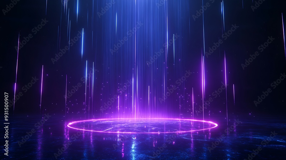 A glowing neon circle with abstract light rays in a dark, futuristic setting. Vibrant purple and blue colors create a digital, sci-fi atmosphere. A glowing neon circle with abstract light rays in a dark, futuristic setting. Vibrant purple and blue colors create a digital, sci-fi atmosphere.