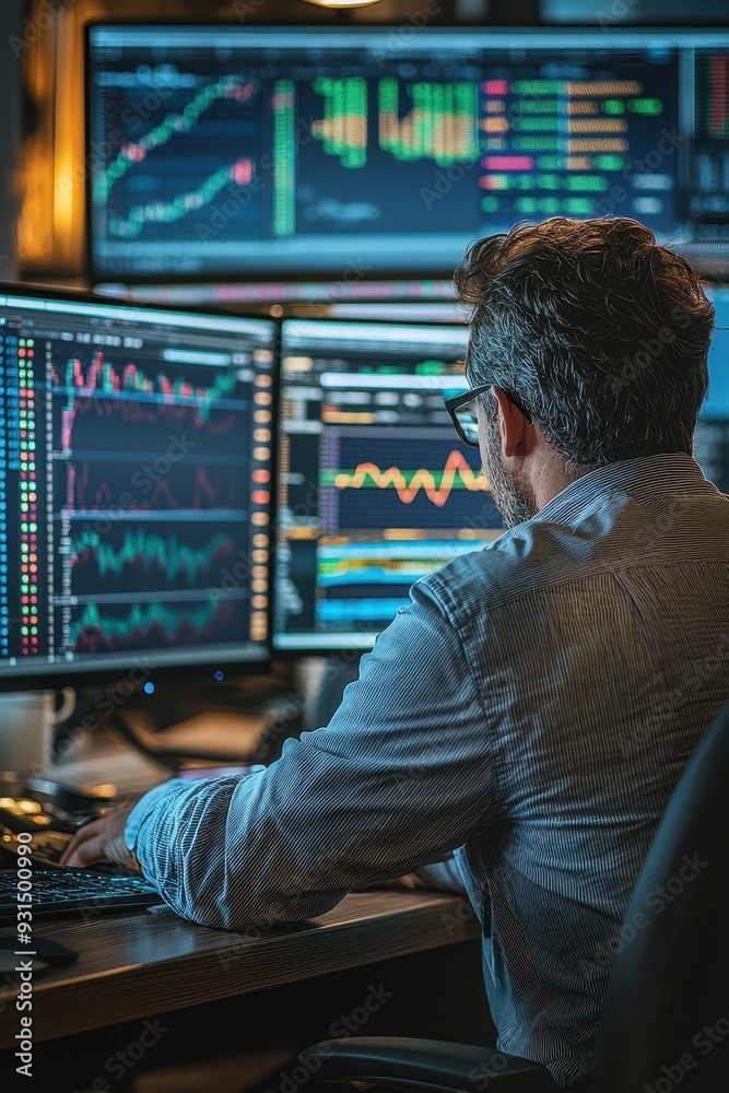 Financial trader at desk with multiple computer screens Financial trader at desk with multiple computer screens