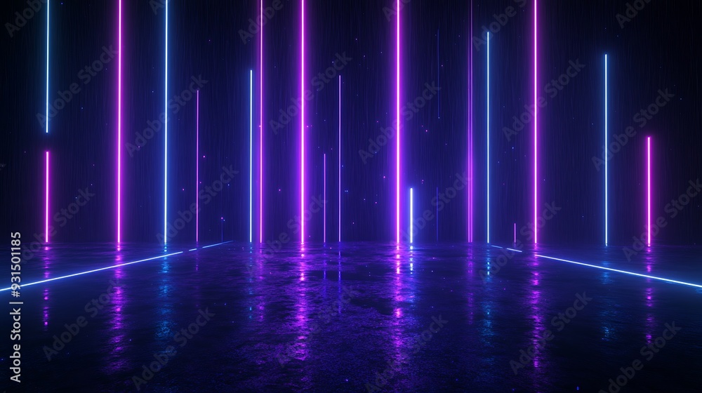 A stunning 3D render of glowing neon lights in blue and pink colors on a reflective floor, perfect for tech, futuristic, and innovative concepts. A stunning 3D render of glowing neon lights in blue and pink colors on a reflective floor, perfect for tech, futuristic, and innovative concepts.